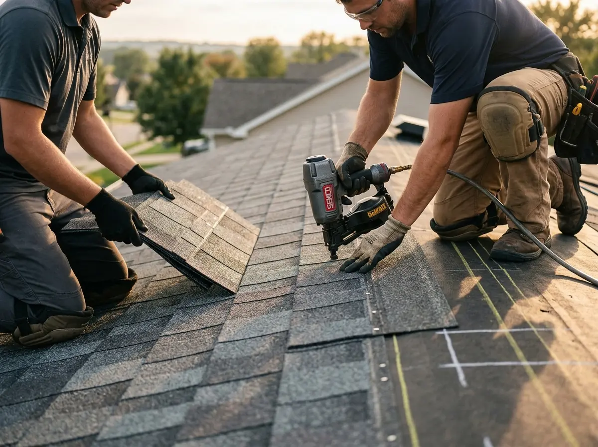 Professional roofer working on a residential roof in West Caldwell